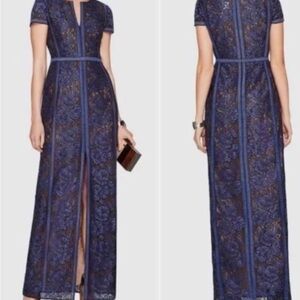 Bcbgmaxazria Cailean Navy Blue Maxi Short Sleeve Lace Nude Formal Dress Size 2US